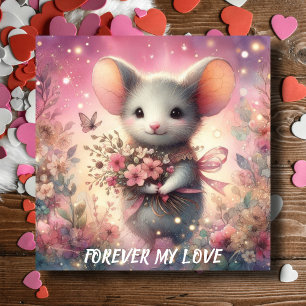 Forever My Love Mouse Watercolor Floral Valentine Holiday Card