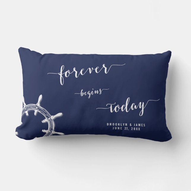 Forever Nautical Navy Blue Lumbar Wedding Pillows (Front)