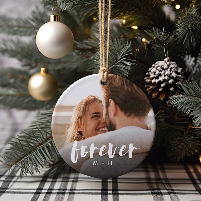 Forever Script Overlay Personalised Couples Photo Ceramic Ornament (Creator Uploaded)