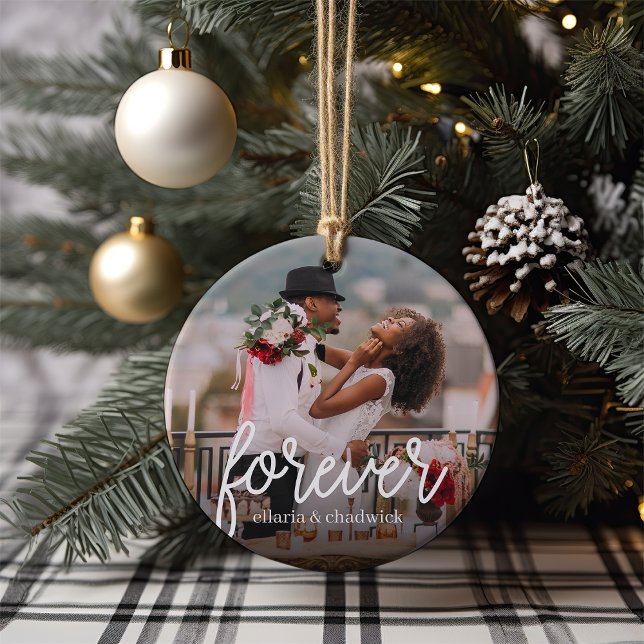 Forever Script Overlay Personalised Couples Photo Ceramic Ornament (Creator Uploaded)