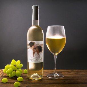 Forever Thankful Black Script Photo Wedding Wine Label