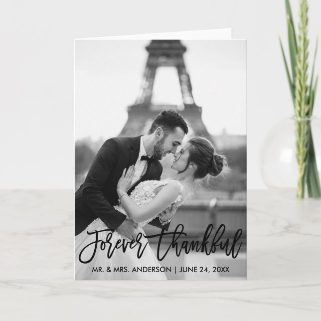 Forever Thankful Brush Script Wedding Modern Fold Thank You Card (Front)