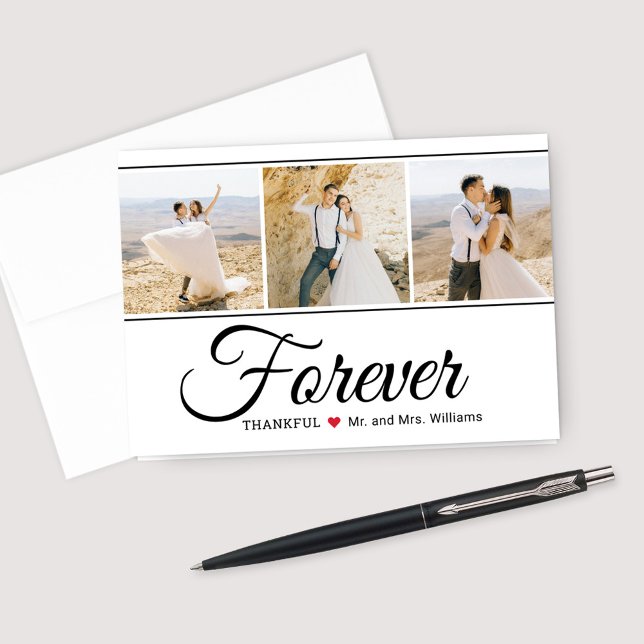 Forever Thankful Wedding Photo Collage Black White Thank You Card (Creator Uploaded)