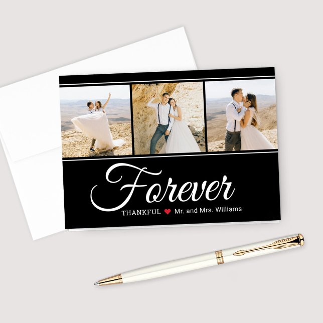 Forever Thankful Wedding Photo Collage Black White Thank You Card (Creator Uploaded)