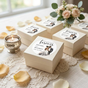 Forever Wedding Black Bride Groom Watercolor Classic Round Sticker