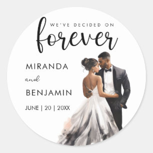 Forever Wedding Black Bride Groom Watercolor Classic Round Sticker