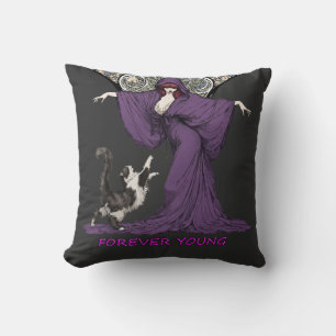 Forever Young Witch and Cat Art Nouveau T-Shirt Cushion