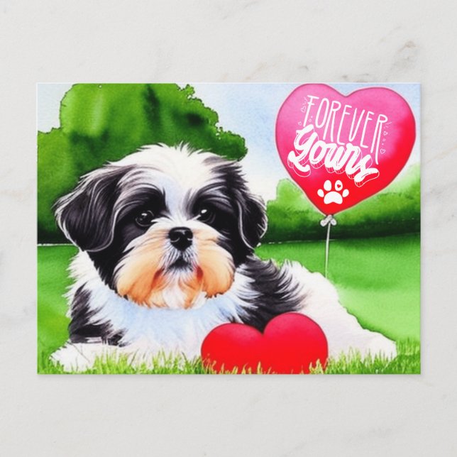 Forever Yours Shih Tzu Watercolor Holiday Postcard (Front)