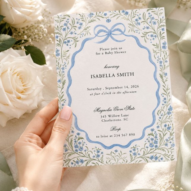Forget Me Not Blue Bow Baby Shower Invitation (Creator Uploaded)