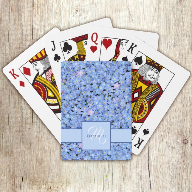 Forget Me Not Blue Floral Name + Monogram Template Playing Cards (Personalize this cute Forget Me Not blue floral design with the name and monogram template. )