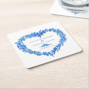 Forget-me-not blue flower heart wreath wedding square paper coaster