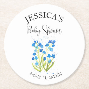 Forget me not Blue Flowers Baby Shower Girl Round Paper Coaster