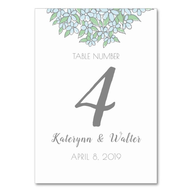 Forget-Me-Not Bouquet Doodle Style Wedding Table Number (Front)