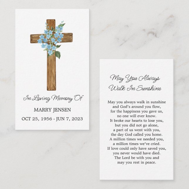 Forget me not Cross Memorial Funeral Prayer Card (Front/Back)