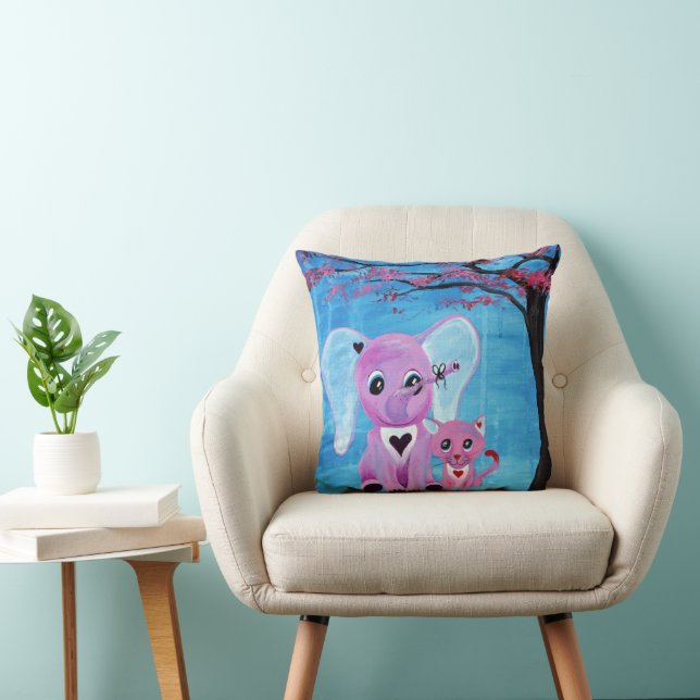 Forget Me Not Cute Elephant Cat Cherry Blossom Art Cushion (Chair)