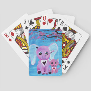 Forget Me Not Cute Elephant Cat Cherry Blossom Art Playing Cards