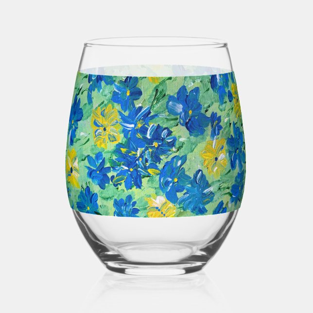 Forget Me Not Floral Stemless Wine Glass (Front)