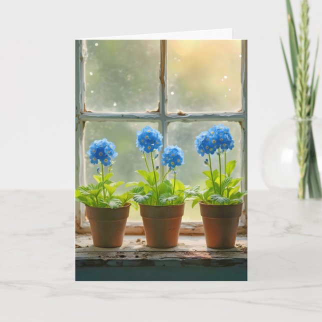 Forget-Me-Not Flower Pots In a Window Note Card (Front)