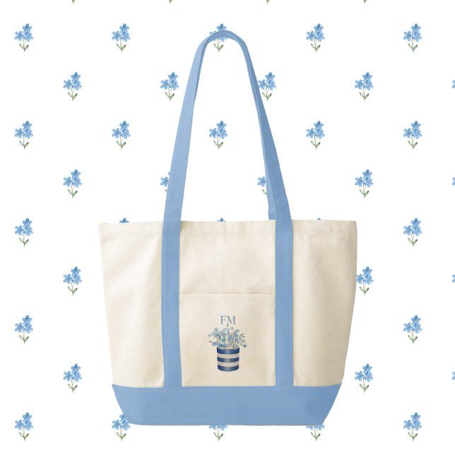 Forget Me Not Flowers Contrast Trim Tote Bag (forget me nots monogram tote bag)