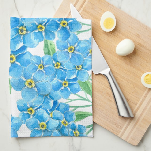 Forget me not flowers, watercolor pattern tea towel (Quarter Fold)
