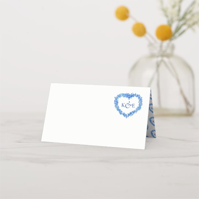 Forget me not heart art monogram wedding blue place card (Front)