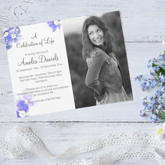 Forget-Me-Not Photo Celebration of Life Card (Pretty & feminine celebration of life cards with a beautiful Forget-me-not design.)