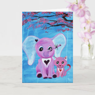 Forget Me Not Pink Elephant Cat Cherry Blossom Art Card