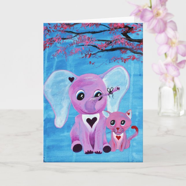 Forget Me Not Pink Elephant Cat Cherry Blossom Art Card (Orchid)