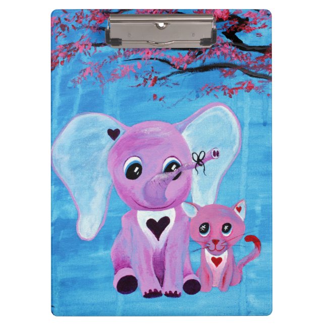 Forget Me Not Pink Elephant Cat Cherry Blossom Art Clipboard (Front)