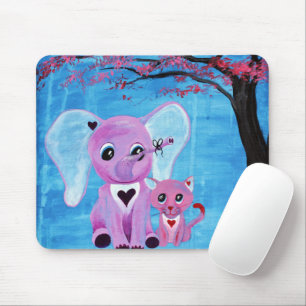 Forget Me Not Pink Elephant Cat Cherry Blossom Art Mouse Pad