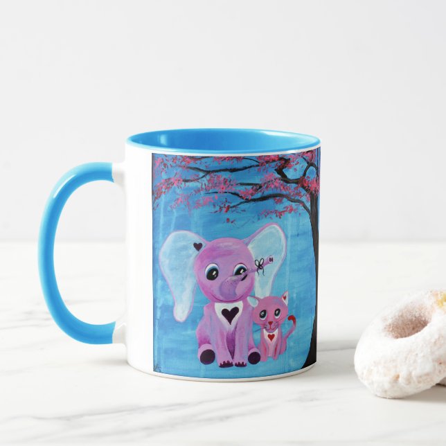 Forget Me Not Pink Elephant Cat Cherry Blossom Art Mug (With Donut)