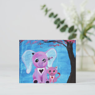 Forget Me Not Pink Elephant Cat Cherry Blossom Art Postcard