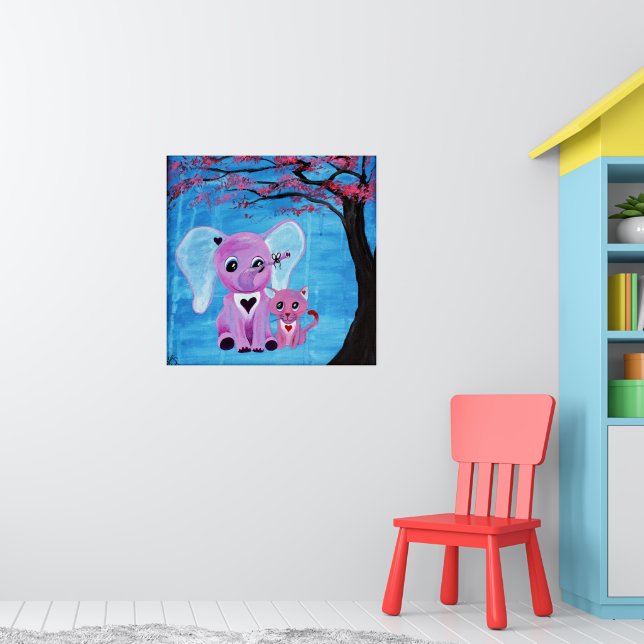 Forget Me Not Pink Elephant Cat Cherry Blossom Art Poster (Nursery 1)