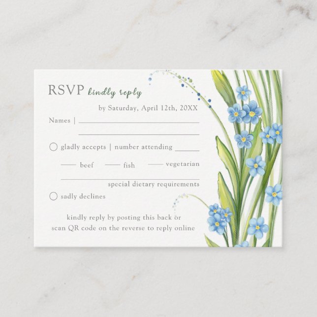Forget-Me-Not Wedding RSVP QR Code Enclosure Card (Front)