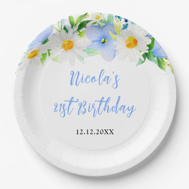 Forget-Me-Nots and Daisies Floral Birthday Paper Plate (Front)