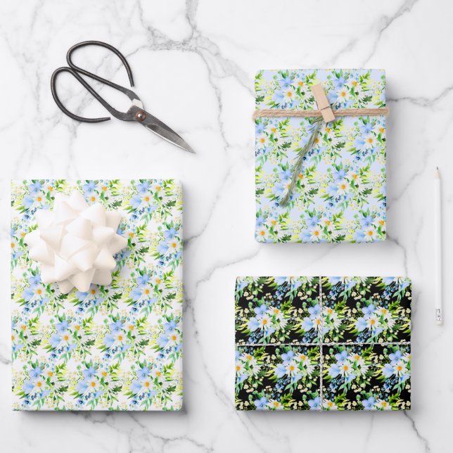 Forget-Me-Nots and Daisies Floral Wrapping Paper Sheet (Front)
