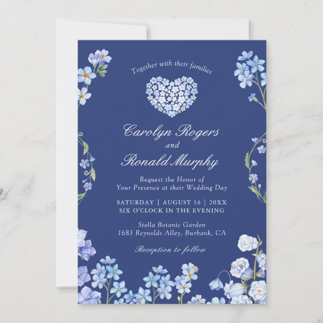 Forget Me Nots Heart Royal Blue Floral Wedding Invitation (Front)
