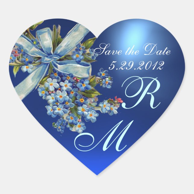 FORGET ME NOTS MONOGRAM ,WEDDING PARTY blue gem Heart Sticker (Front)