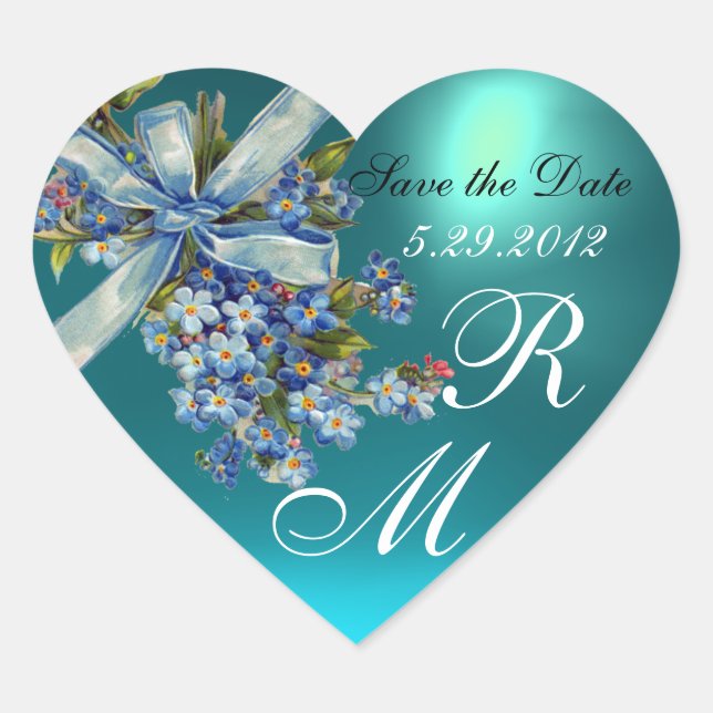 FORGET ME NOTS MONOGRAM ,WEDDING PARTY blue gem Heart Sticker (Front)