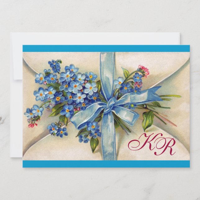 FORGET ME NOTS MONOGRAM ,WEDDING PARTY blue gold Invitation (Front)