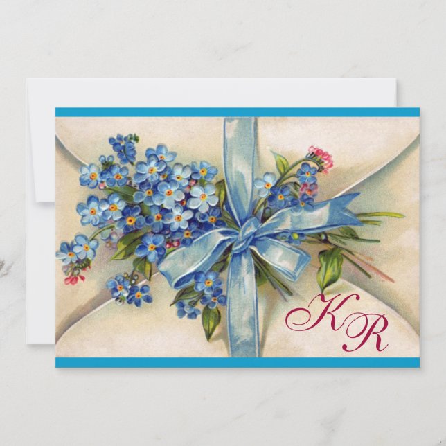 FORGET ME NOTS MONOGRAM ,WEDDING PARTY blue metal Invitation (Front)