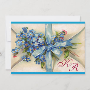 FORGET ME NOTS MONOGRAM ,WEDDING PARTY blue metal Invitation