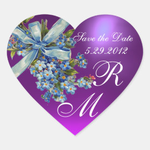 FORGET ME NOTS MONOGRAM ,WEDDING PARTY blue purple Heart Sticker