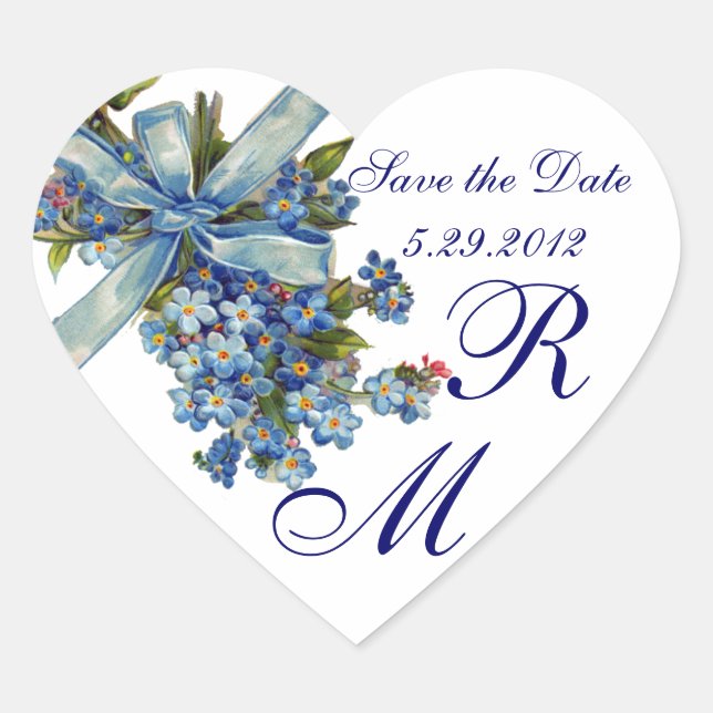 FORGET ME NOTS MONOGRAM ,WEDDING PARTY blue white Heart Sticker (Front)