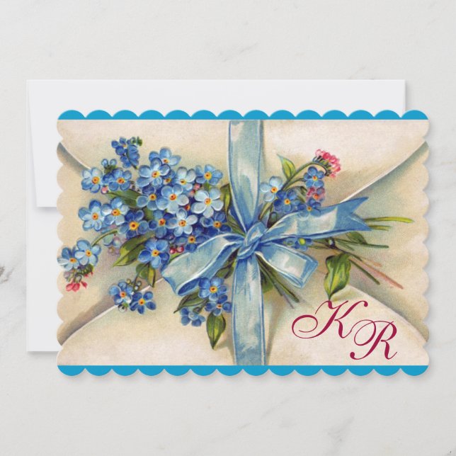 FORGET ME NOTS MONOGRAM ,WEDDING PARTY Blue White Invitation (Front)
