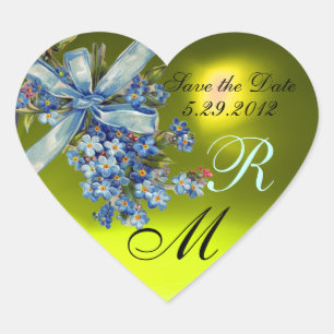 FORGET ME NOTS MONOGRAM ,WEDDING PARTY yellow blue Heart Sticker