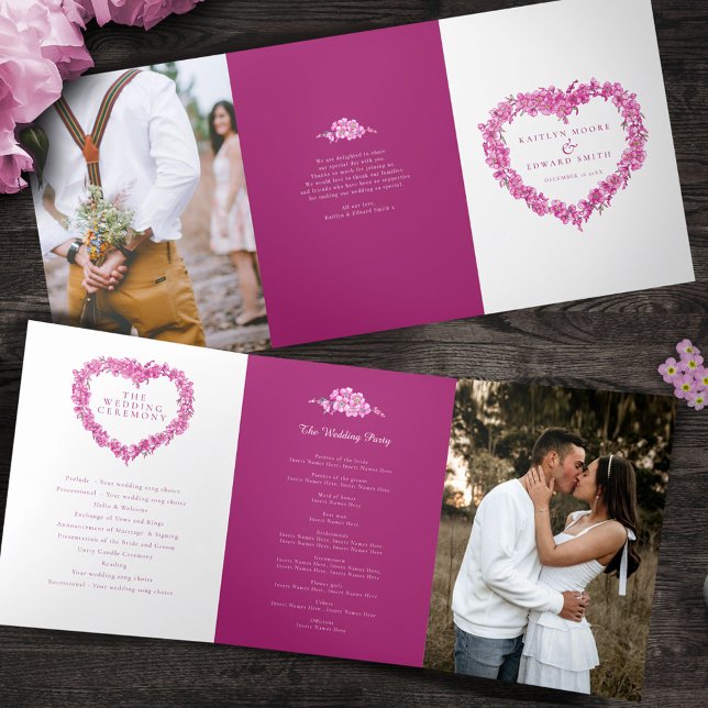 Forget-me-nots pink heart wreath art wedding Tri-Fold programme (Creator Uploaded)