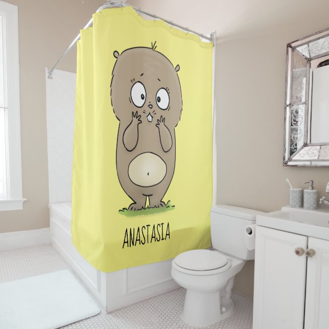 Forgetful adorable chubby hamster cartoon shower curtain (In Situ)
