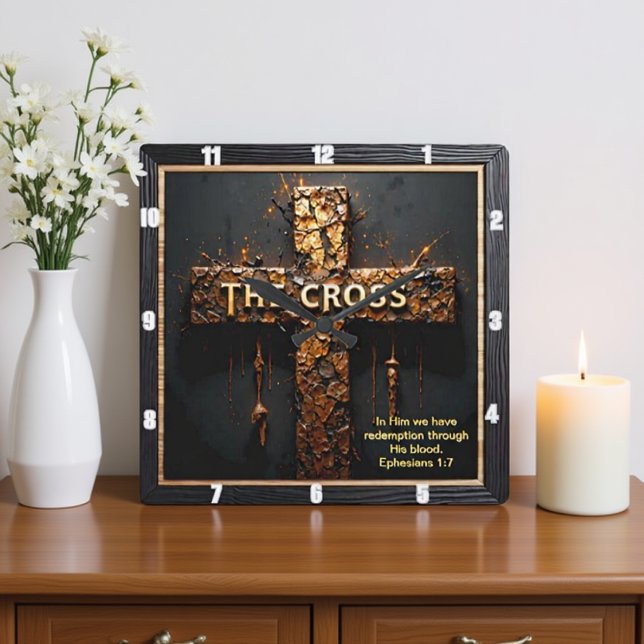 Forgiven Redemption Gold Cross Ephesians 1:7 Square Wall Clock (Creator Uploaded)
