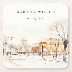 Forgo North Dakota City Scape Watercolor Wedding Square Paper Coaster